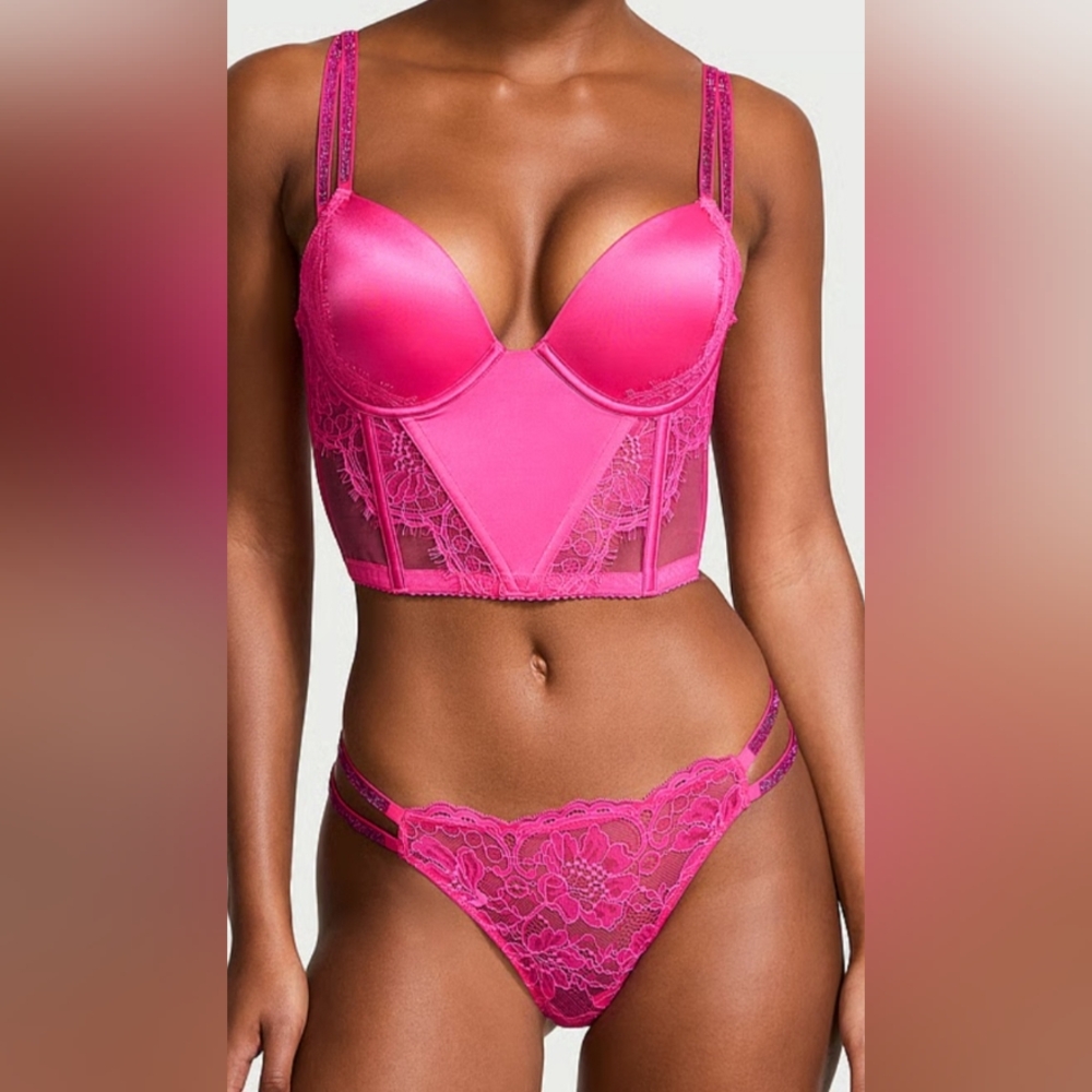 34DD/M VS Double Shine Strap Corset Bra Top Brazilian Panty Set Hot Pink